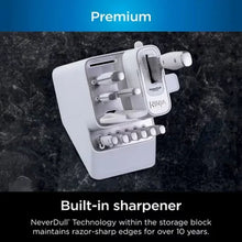 White knife storage block with built-in sharpener and stainless steel knives