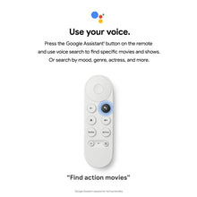 White Chromecast with Google TV voice remote with button controls