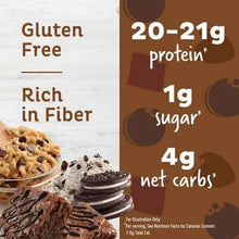 Gluten-free protein bar panel: 20–21g protein, 1g sugar, 4g net carbs