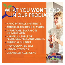 NOW supplement warning panel with bullet list text and smiling woman