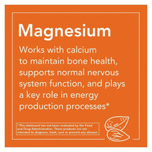 Magnesium benefits information panel stating works with calcium for bone health