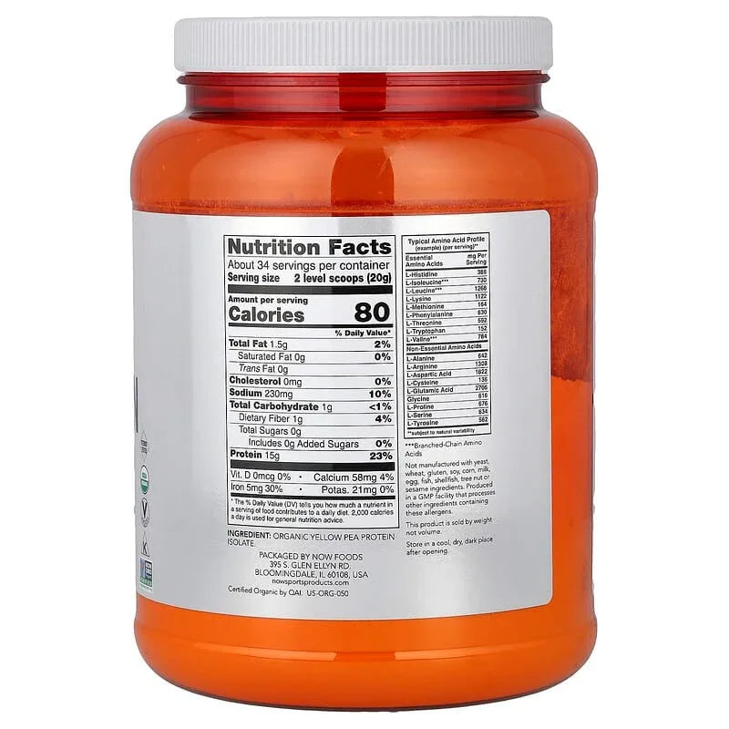 NOW Foods, Sports, Organic Pea Protein Powder, Unflavored, 1.5 lbs (680 g)