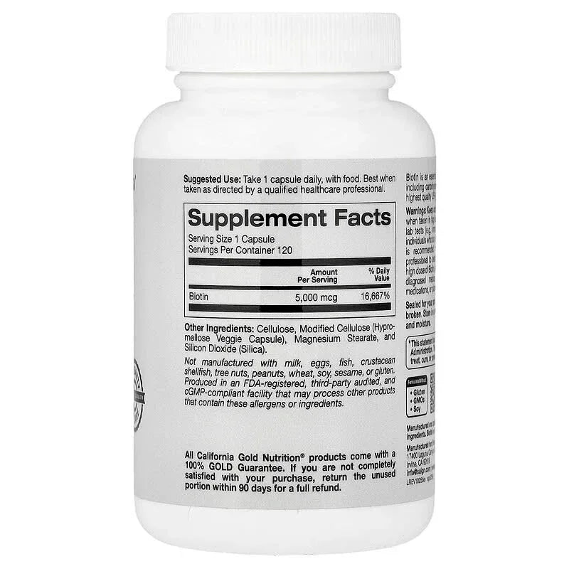 California Gold Nutrition, Biotin, 5,000 mcg, 120 Veggie Capsules