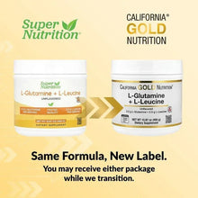 Two supplement jars labeled L-Glutamine + L-Leucine, unflavored.