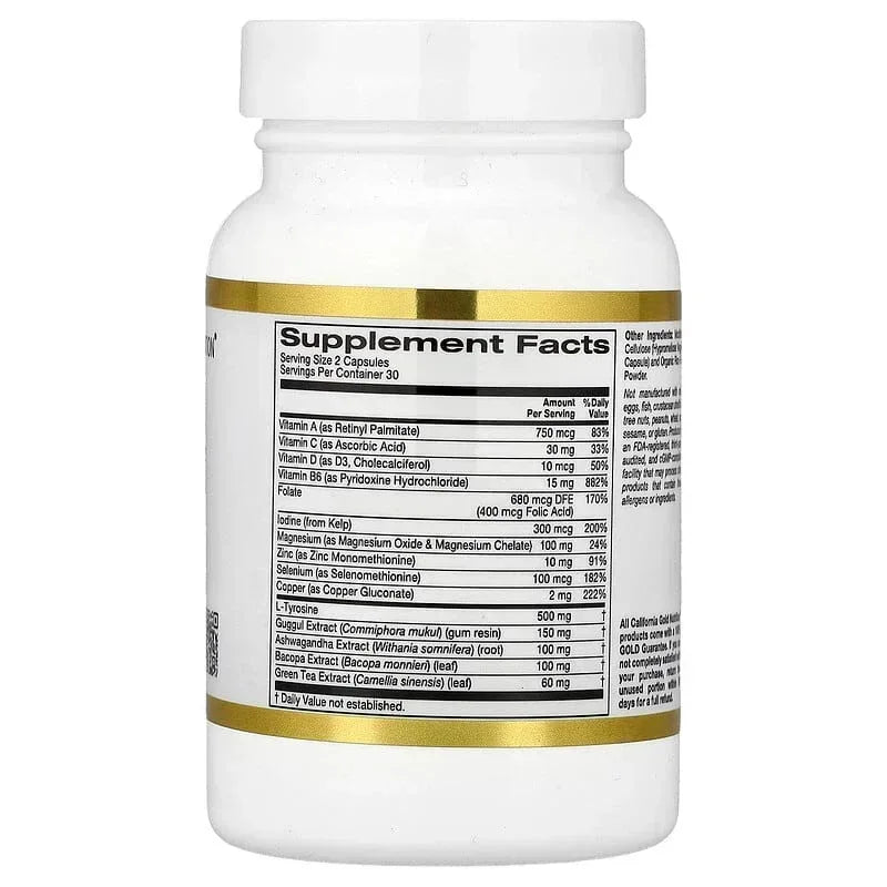 California Gold Nutrition, Thyroid Support with Guggul, Ashwagandha, Bacopa and Green Tea Extracts, 60 Veggie Capsules