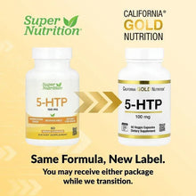 Two 5-HTP 100 mg veggie capsule bottles with gold-banded labels on promo graphic