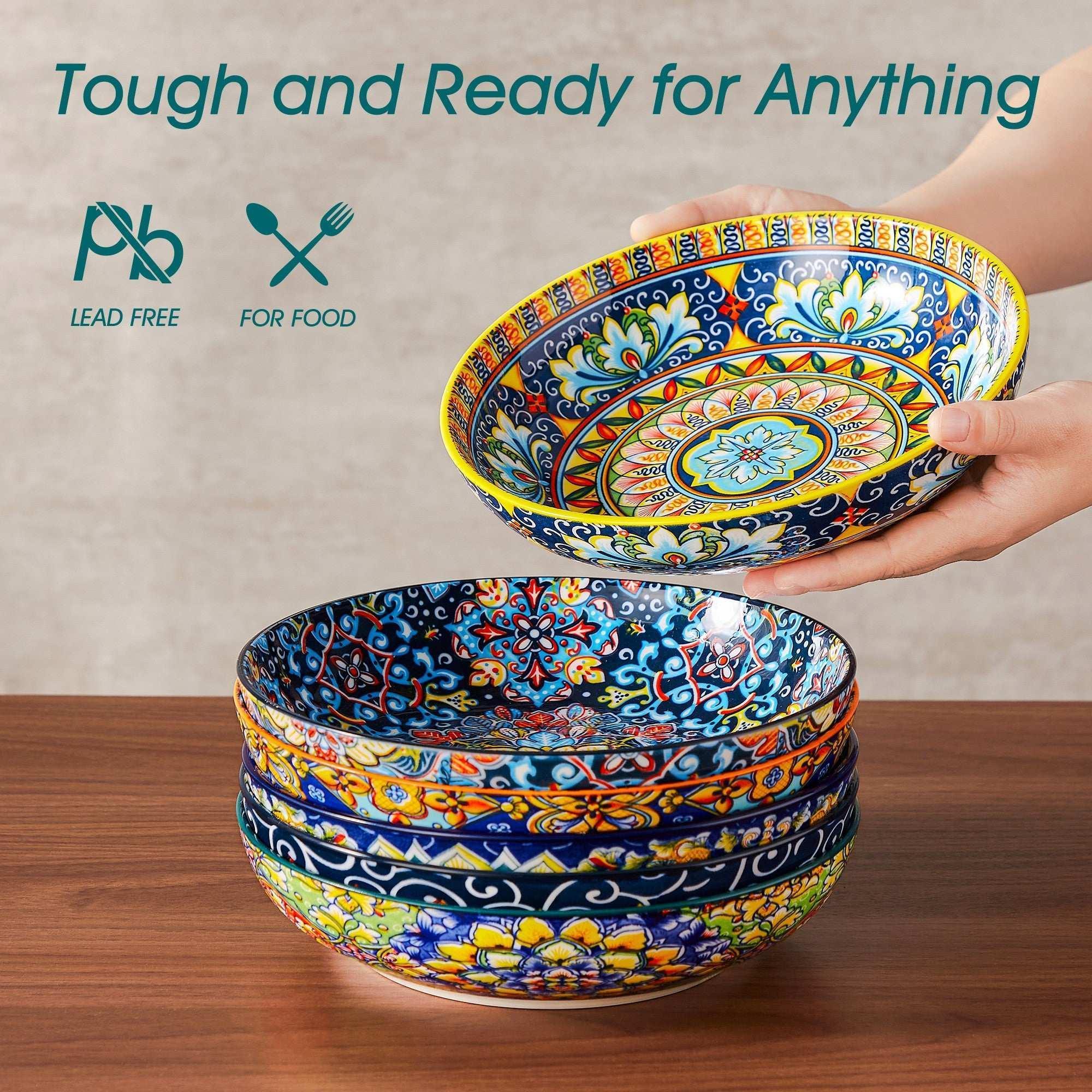 Malacasa Pasta Bowls, Ceramic Salad Bowls Set of 6, 42 oz Large Corlorful Serving Bowls for Kitchen, Dishwasher Microwave Safe Soup Bowls Set, Pasta Plates