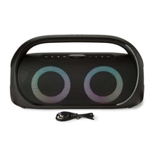 Portable FM boombox with LED-lit dual speaker rings and included power cable
