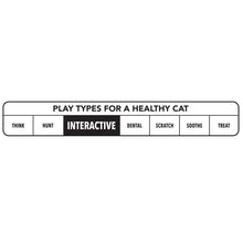 Card showing cat toy play types: Think, Hunt, Interactive, Dental, Scratch, Soothe, Treat