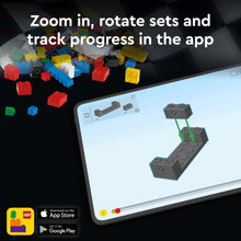 LEGO Speed Champions building pieces with an app screen showing step progress