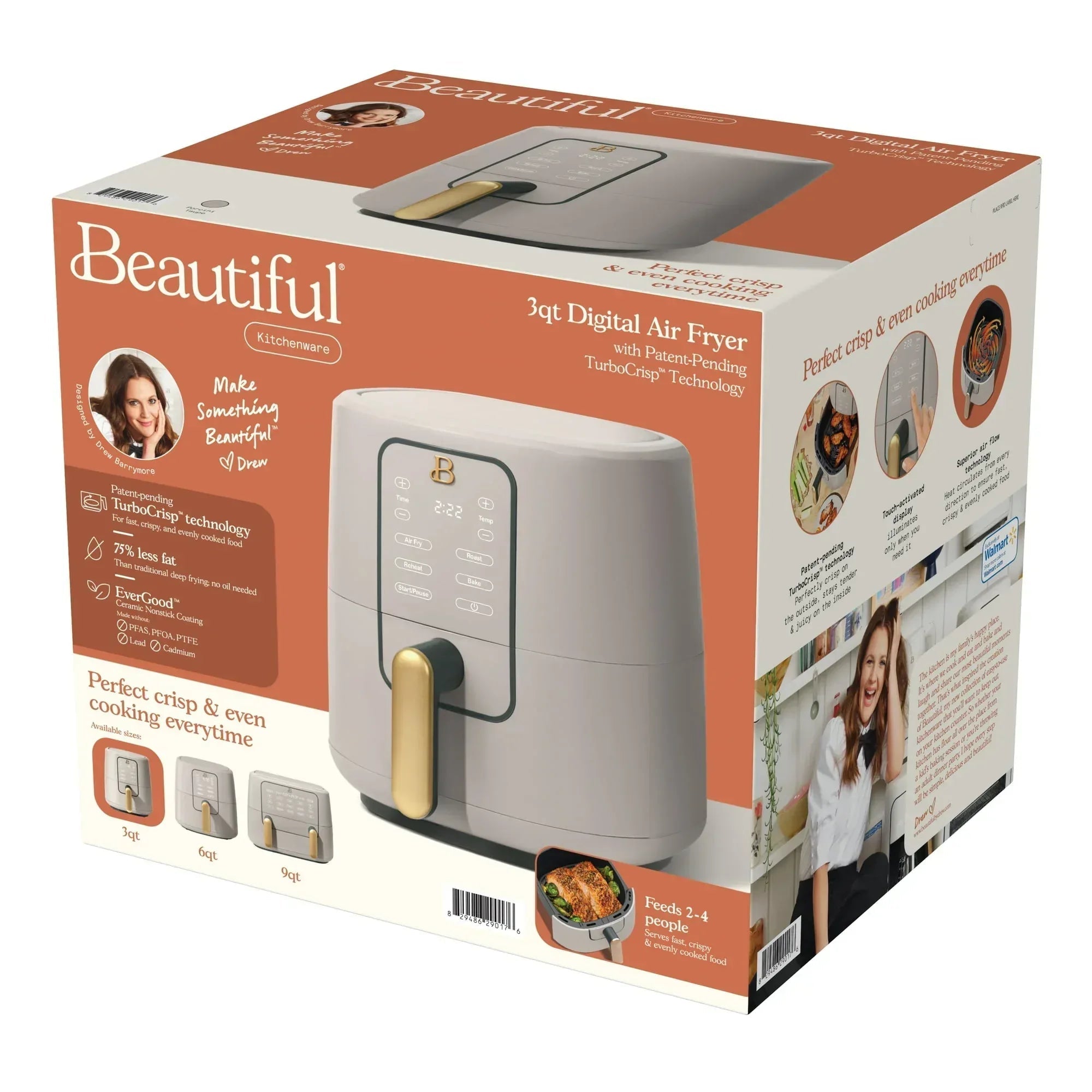 Beautiful 3 Qt Air Fryer with TurboCrisp Technology, EverGood Ceramic Nonstick Coating, Thyme Green by Drew Barrymore
