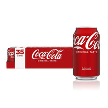 Coca-Cola 35-can box and single soda can, red Original Taste label with silver top