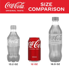 Coca-Cola size comparison: 12 oz can and clear bottles labeled 13.2 oz and 16.9 oz