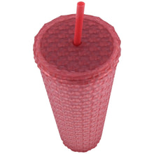Rose gold plastic tumbler with domed lid and red straw, textured finish