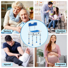 Blue shower chair with back and perforated seat for seniors, injured, disabled users