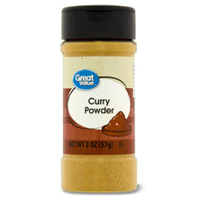 Great Value curry powder bottle, black cap, beige-gold spice in jar
