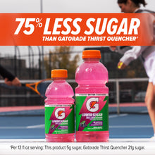 Lower-sugar electrolyte sports drink bottles with 75% less sugar label