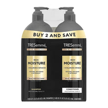 Shampoo and conditioner bottles set, black with gold Rich Moisture labels