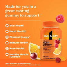 Women’s multivitamin gummy bottle with orange cap and icons for health support
