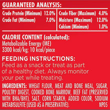 Dog snack nutrition facts panel with guaranteed analysis and feeding instructions