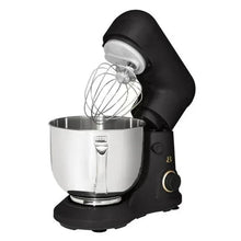 Black stand mixer with balloon whisk attachment and stainless mixing bowl
