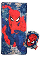 Blue microfiber slumber sack with red Spider-Man face print; drawstring bag shown at right