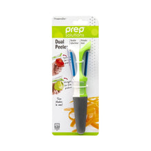 Dual-sided peeler retail package showing prep solutions tool with green handle