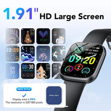 Smartwatch with large black screen showing colorful icons, black silicone strap