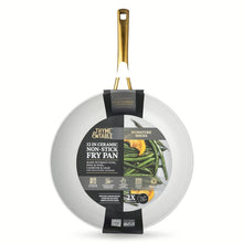 12 in white nonstick ceramic fry pan with gold handle, in retail box