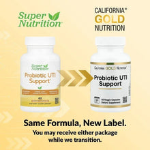 Two California Gold Nutrition Probiotic UTI Support bottles, same formula new label
