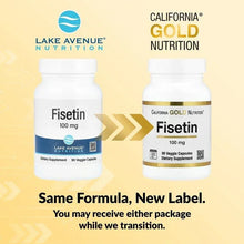 Two Fisetin 100 mg veggie capsule bottles with label comparison graphic
