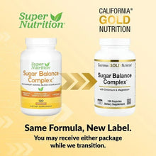 Sugar Balance Complex bottle packaging with front labels and 'Same Formula, New Label' text