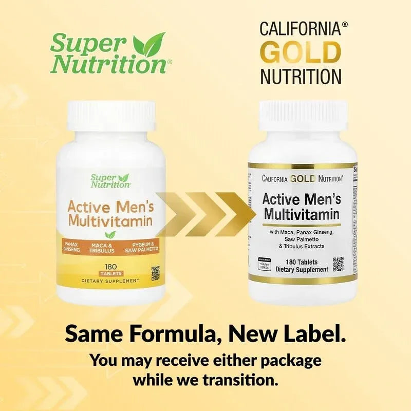 California Gold Nutrition, Active Men's Multivitamin with Panax Ginseng Extract, Maca, Saw Palmetto, and Tribulus, 180 Tablets