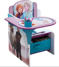 Kids chair desk with storage bin, teal and purple, illustrated characters on front and top