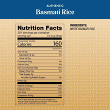 Nutrition facts panel for white basmati rice with calories and fat breakdown