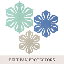 Felt pan protectors with flower-style blue and teal patterns