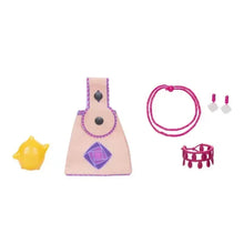 Purple and pink doll accessory set: pale pouch top, hot-pink necklace, small bottle pieces