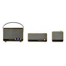 onn small Wi-Fi speaker, front and side views with black mesh and gold accents