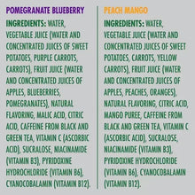 V8 Energy drink ingredient lists for Pomegranate Blueberry and Peach Mango