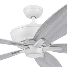 White ceiling fan with gray wash blade visible and five total blades