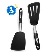 Black silicone turner spatula set with two slotted heads and metal handles