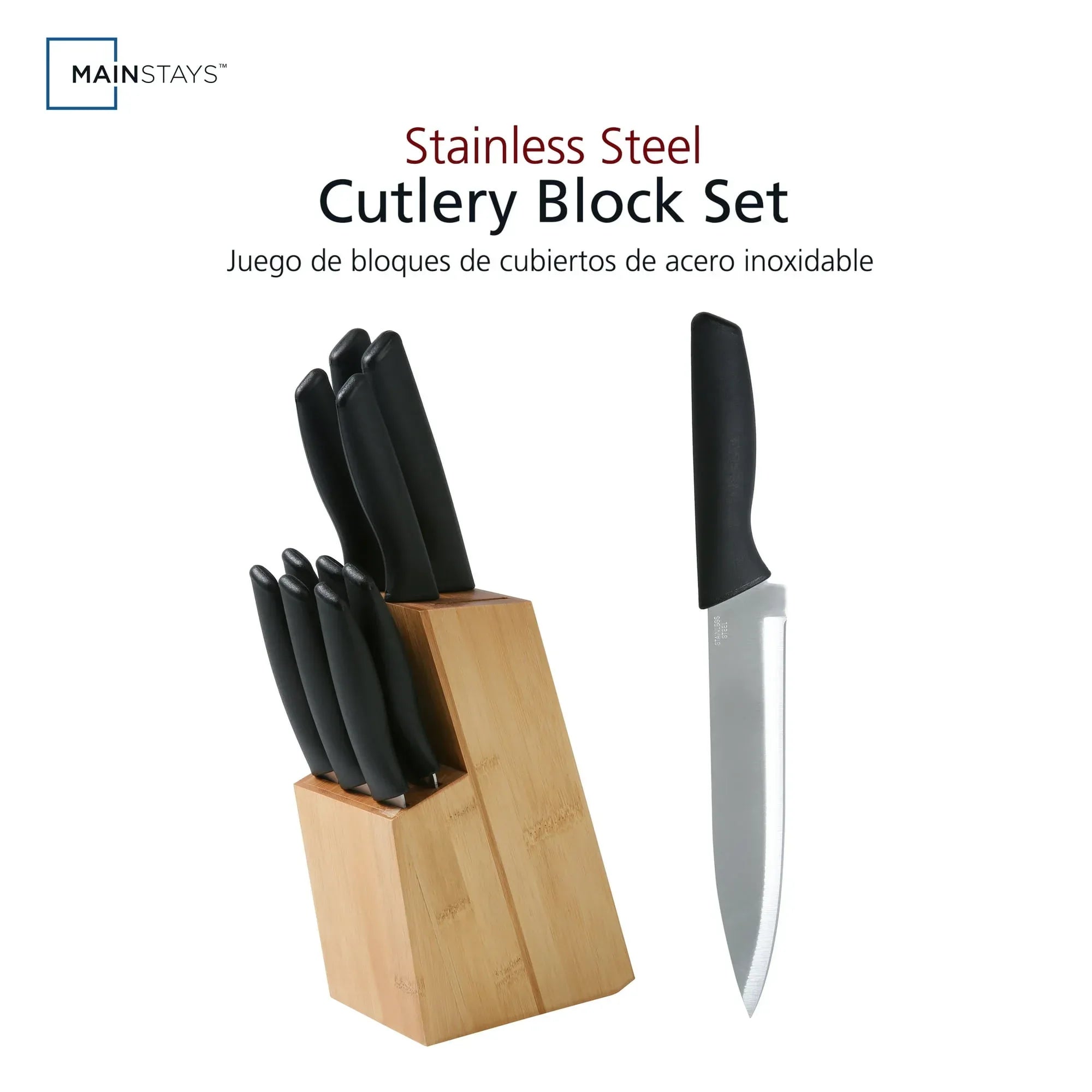 Mainstays 12 Piece Cutlery Set with Soft Grip Handles and Bamboo Storage Block