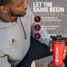 Creatine powder bottle with red label in hand, black lid and grip hold