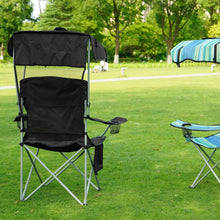 Black folding camp chair with shade canopy and side pocket for cup holder