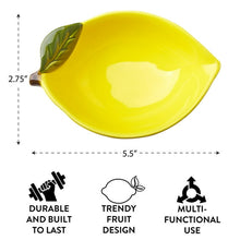 Yellow ceramic lemon bowl with leaf handle, size shown on graphic