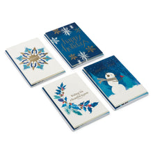 Hallmark assorted Christmas cards with blue snowflakes, winter greenery and a snowman