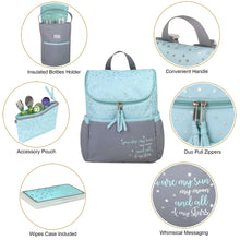 Diaper bag backpack with insulated bottle holder, accessory pouch, and included wipes case