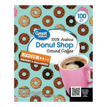 Donut Shop ground coffee pods pack, 100 ct, 100% Arabica, pink mug and QR label