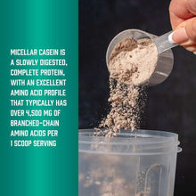 Protein powder scoop with beige micellar casein powder and scattered granules