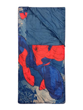 Blue microfiber slumber sack with red Spider-Man emblem panel on blue ground